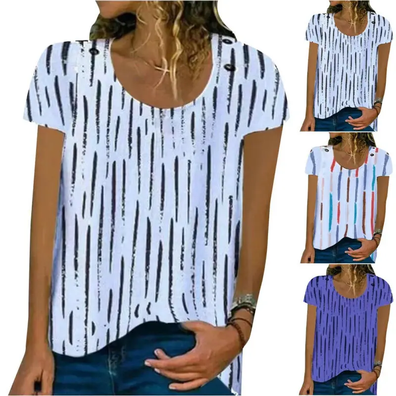 Summer Short Sleeve Low Round Neck Striped Print Loose Women's Blouse Causal