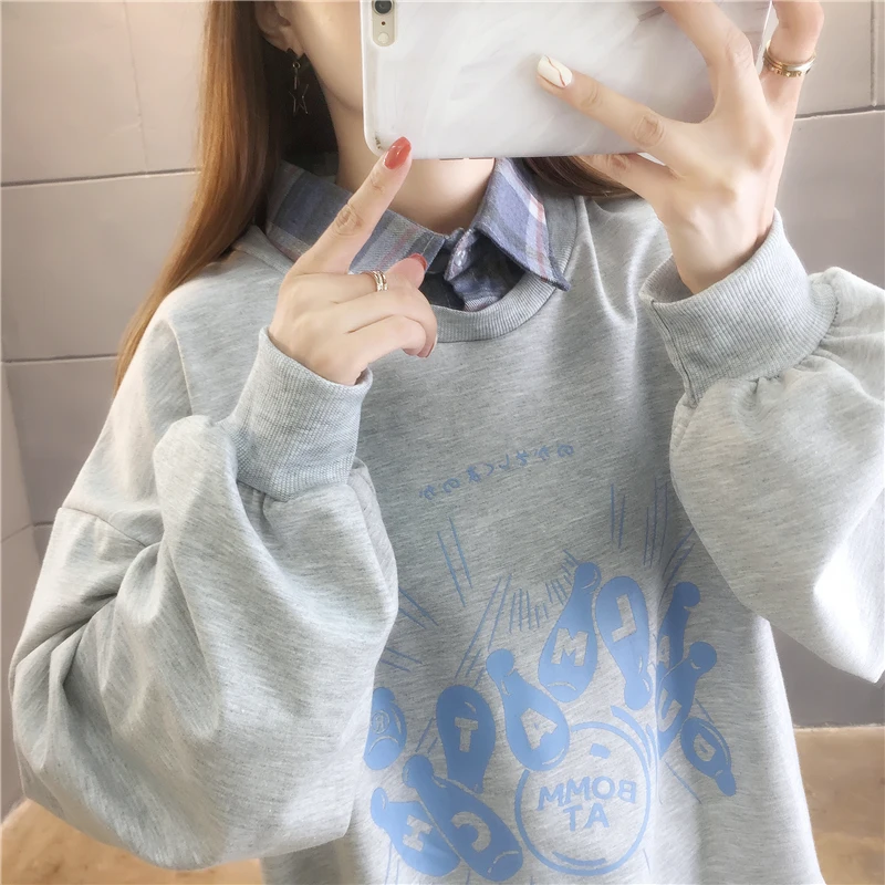 

spring Women thin Hoodies kpop turn-down collar Sweatshirts Autumn cartoon Long Sleeve Casual oversized student Tops Pullovers