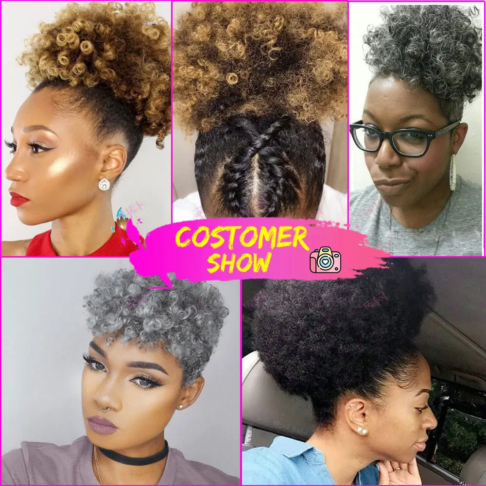 Drawstring Bun African American Huge Chignon Bun Hair Pieces Silky Afro Black Big Bigger Piano Color with Clip Short Kinky Curly images - 6
