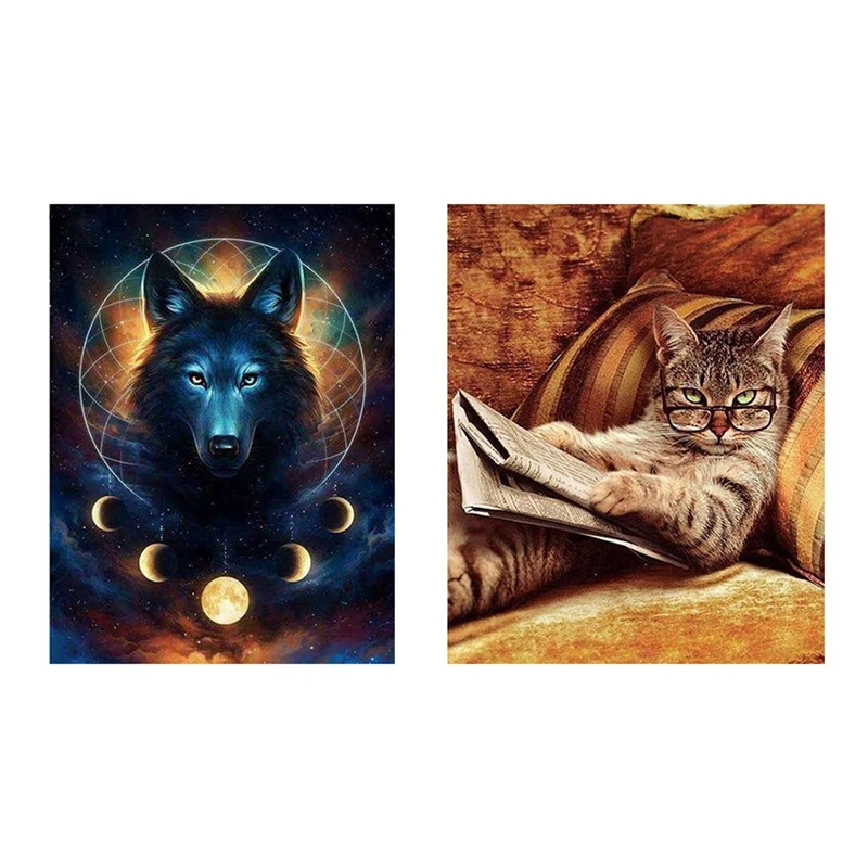 

5D Diy Diamond Painting Moon Wolf & DIY 5D Diamond Painting Kit Painting For Adults Reading Book Cat Crystal