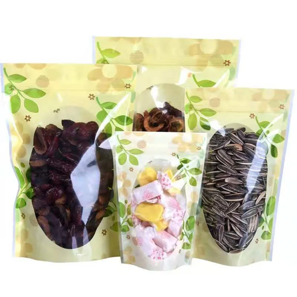 

100Pcs Plastic Stand Up Green Leaves Zip Lock Food Storage Packaging Bags with Clear Window Resealable Zipper Packing Pouches