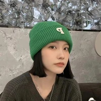 lunadolphin korean simplicity hat ins lovely all match colorful letter p embroidery winter autumn warm soft strip knitted cap