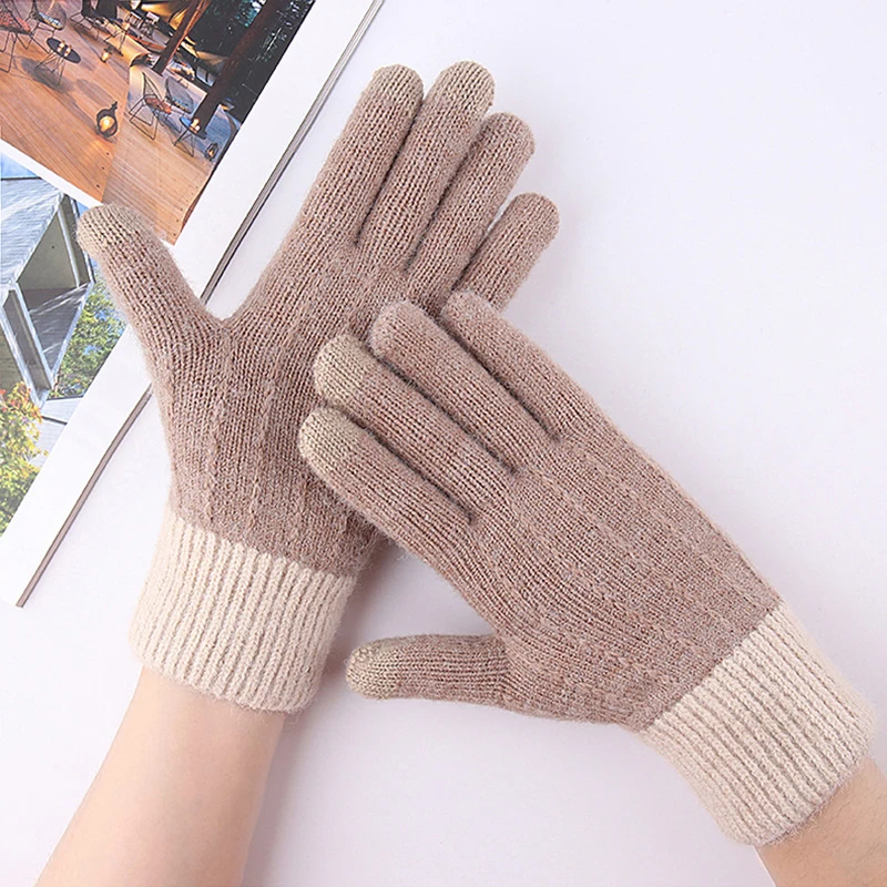 

Women's Winter Touch Screen Gloves Thicken Warm Knitted Stretch Gloves Imitation Wool Full Finger Outdoor Skiing Gloves