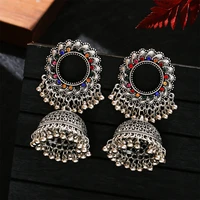 vintage silver color hollow earrings for women ethnic indian jewelry boho bollywood oxidized big bell tassel dangle jhumka