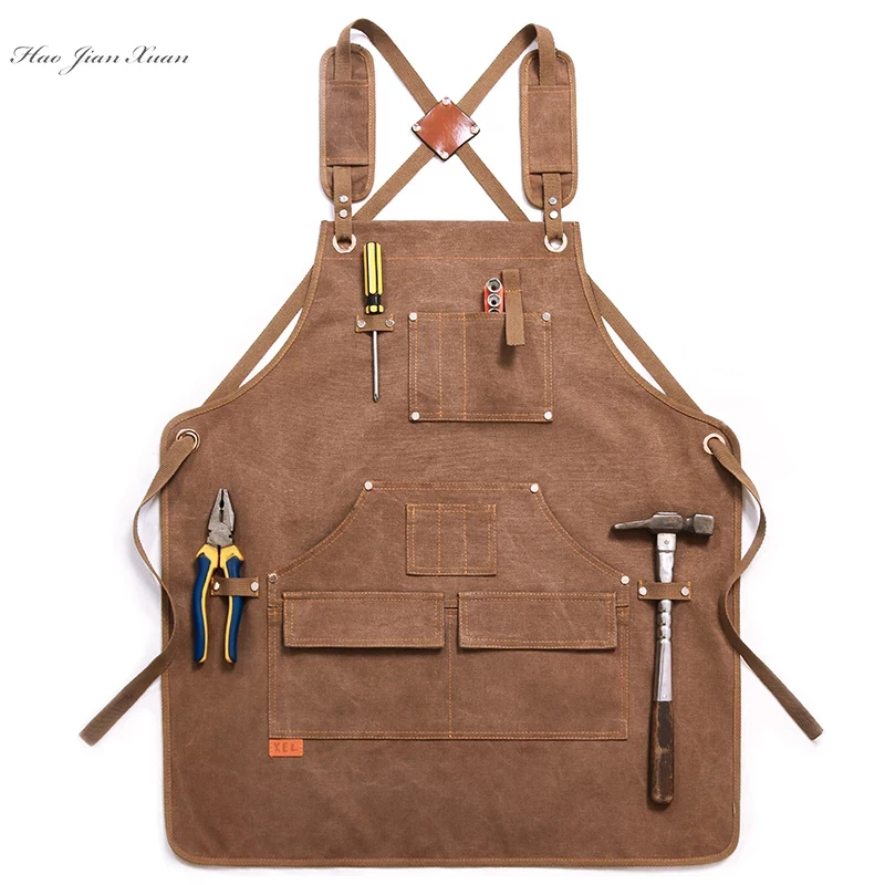 

New Durable Goods Heavy Duty Unisex Canvas Work Apron with Tool Pockets Cross-Back Straps Adjustable For Woodworking Painting