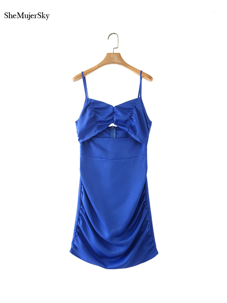 

SheMujerSky Summer Blue Satin Dress Women Camisole Backless Bow Slim Mini Dresses 2022 Womens Dress