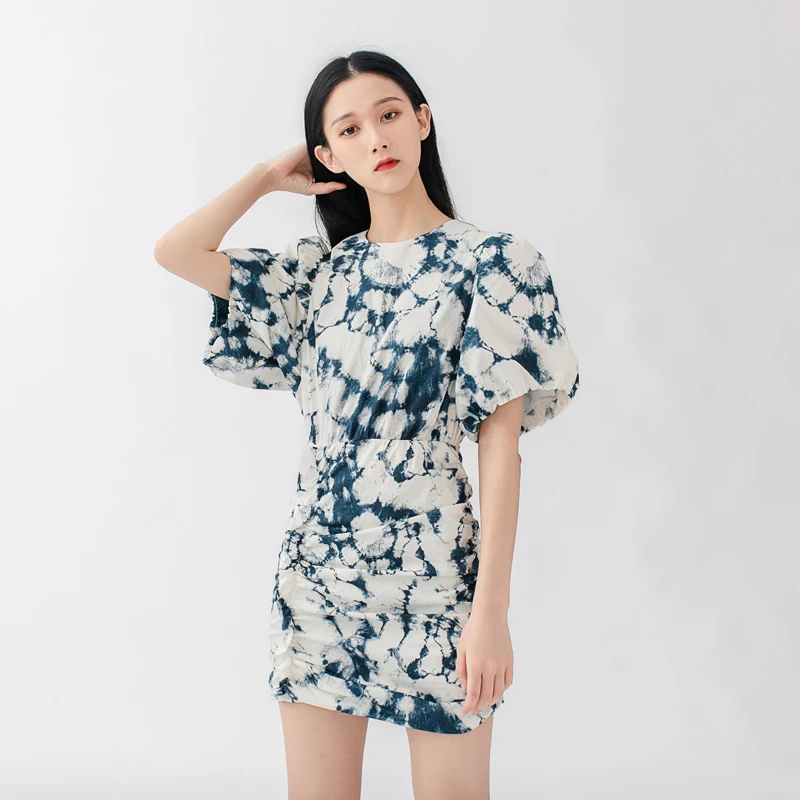 

2020 Autumn New Blue Color Printed Puff Sleeve Dress Waist Hugging Slim Skirt Women