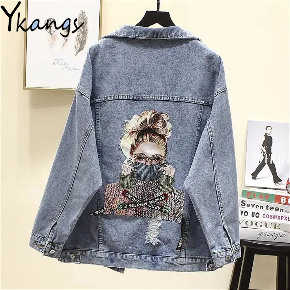 

Ribbon Cartoon Pattern Beading Stitching Ripped Hole Denim Coat Women Loose Big Size European Style Jean Jackets Frayed Clothing