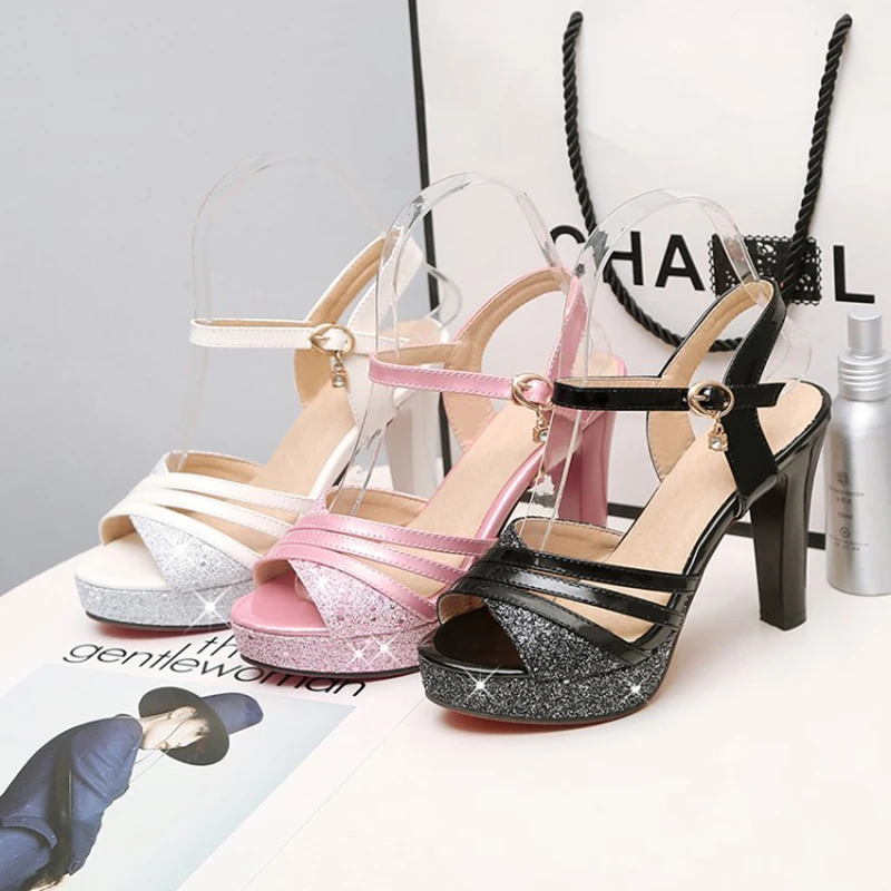 

Rhinestone Super High Thick Heel Strap Sweet Ladies Sandals Waterproof Platform Fish Mouth Shiny Leather Pink Summer Sandals