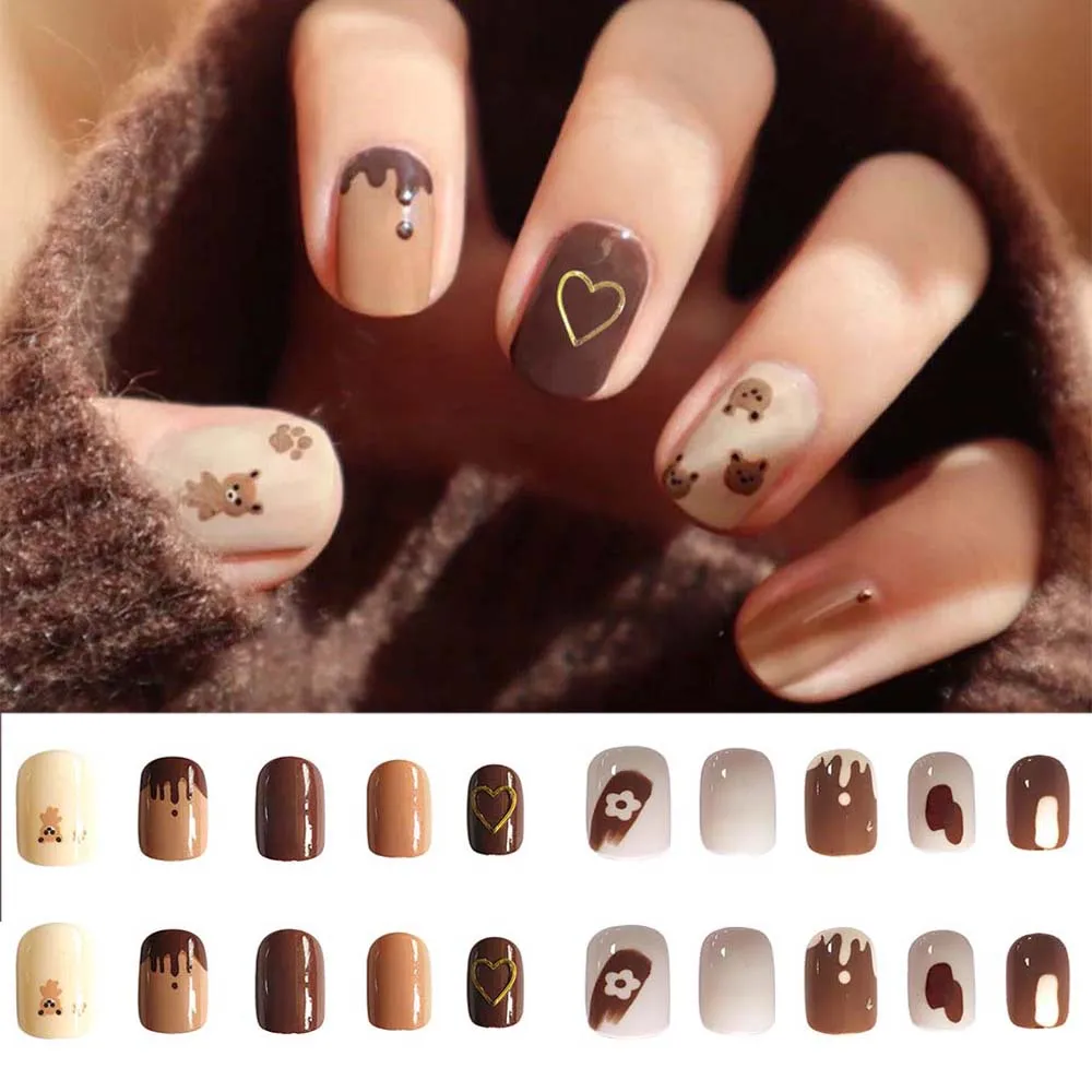 24Pcs Short Round Head Fake Press On Nail Cute MilkTea Color Shiny Gold Foil Blooming Gradient Artificial Nail With Jelly Glue