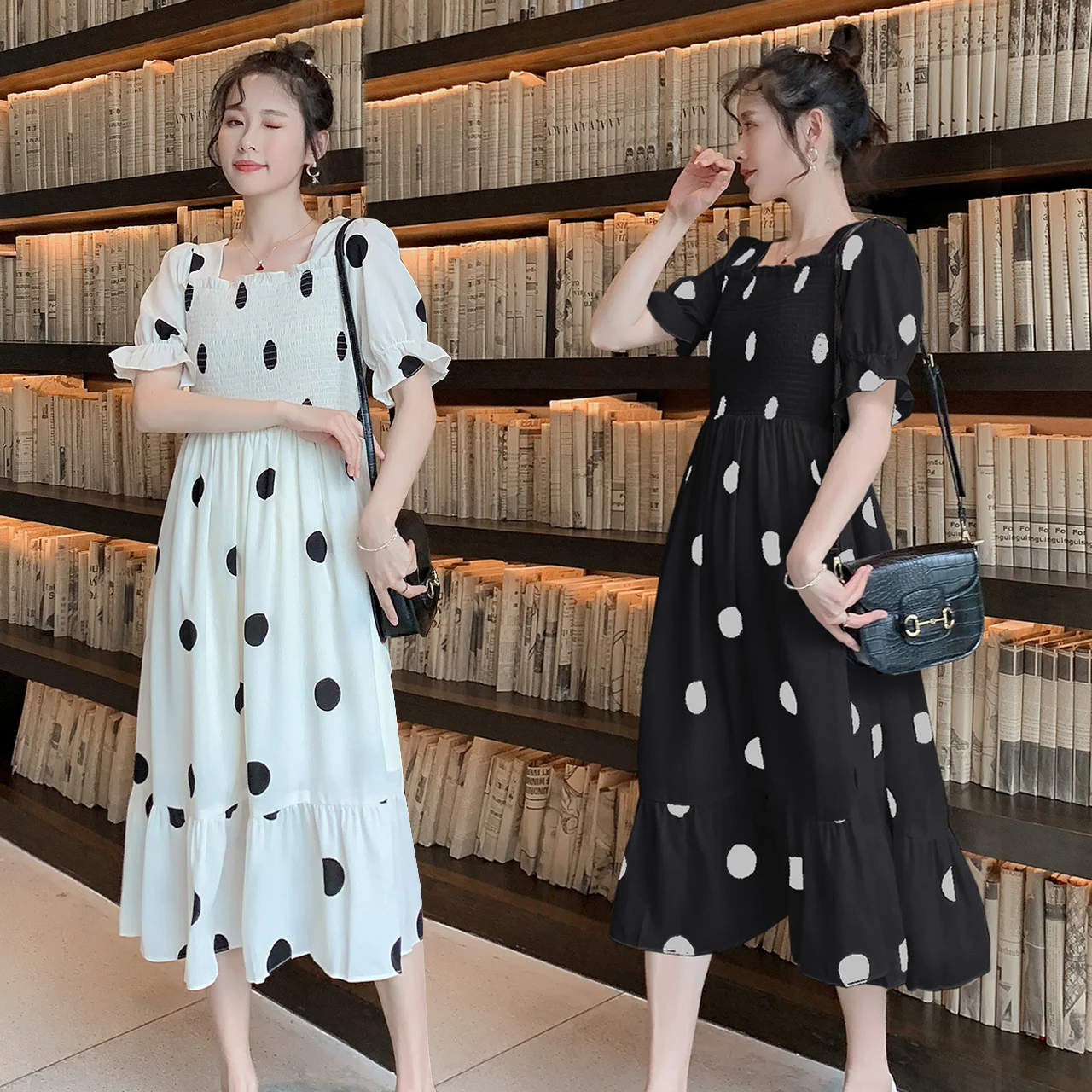 

8101# Dot Printed Chiffon Maternity Party Long Dress Sweet 2020 Summer Fashion Clothes for Pregnant Women Charming Pregnancy