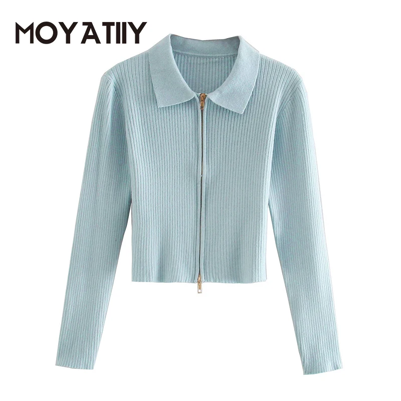 

MOYATIIY Fashion Women Sweaters Spring Autumn Kintted Solid Slim Cardigan Creative Double Zipper Outwear Turn Collar Female Top