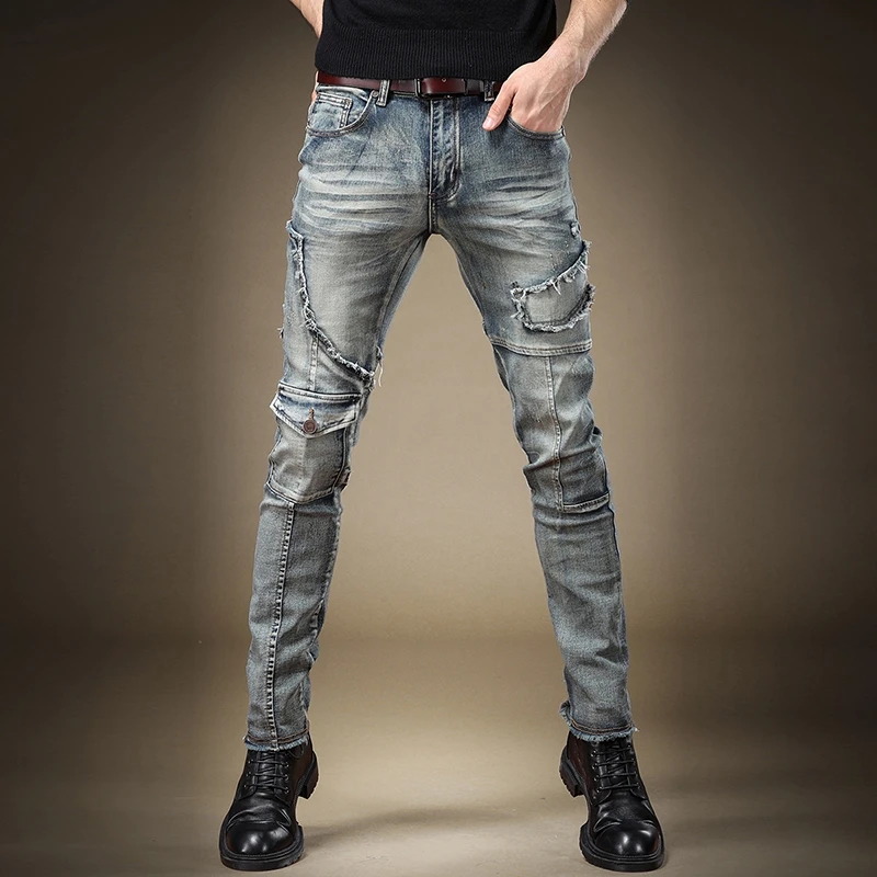 Free Shipping New men's male American washed jeans spring and autumn models small feet hip hop rock retro worn casual overalls
