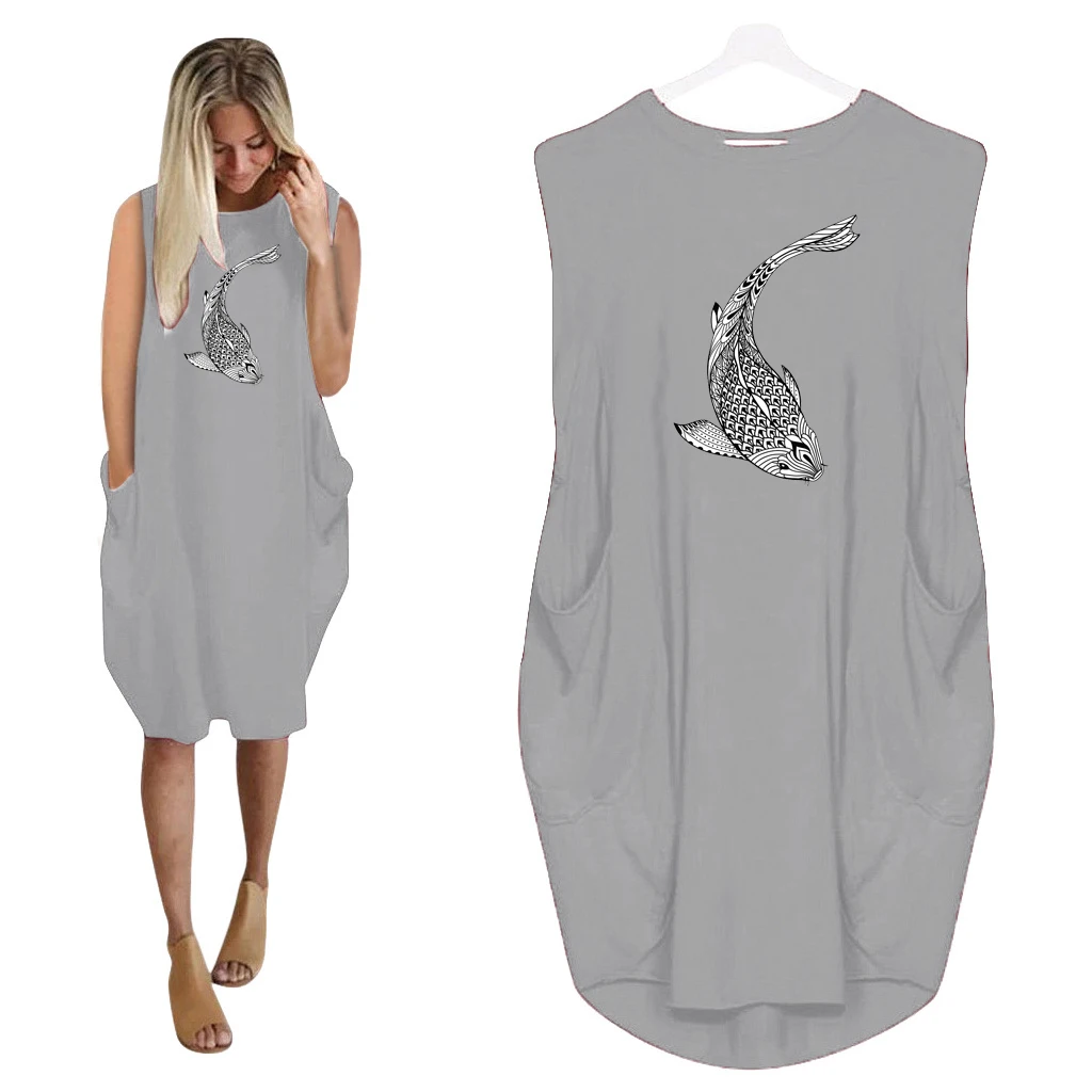 

Юбка Женская средней длины без рукавов, простой свободный сарафан с принтом рыбы, с карманами на талии, на лето