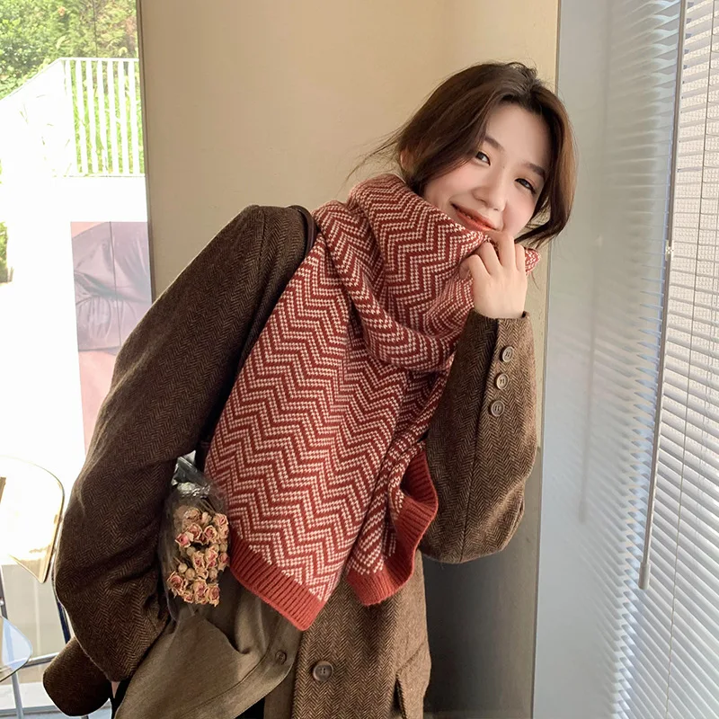 

2021 Knitted Winter Warm Scarf Shawl Women Luxury England Style Solid Wave Pashmina Wraps Bufanda Female Travel Decorate Foulard