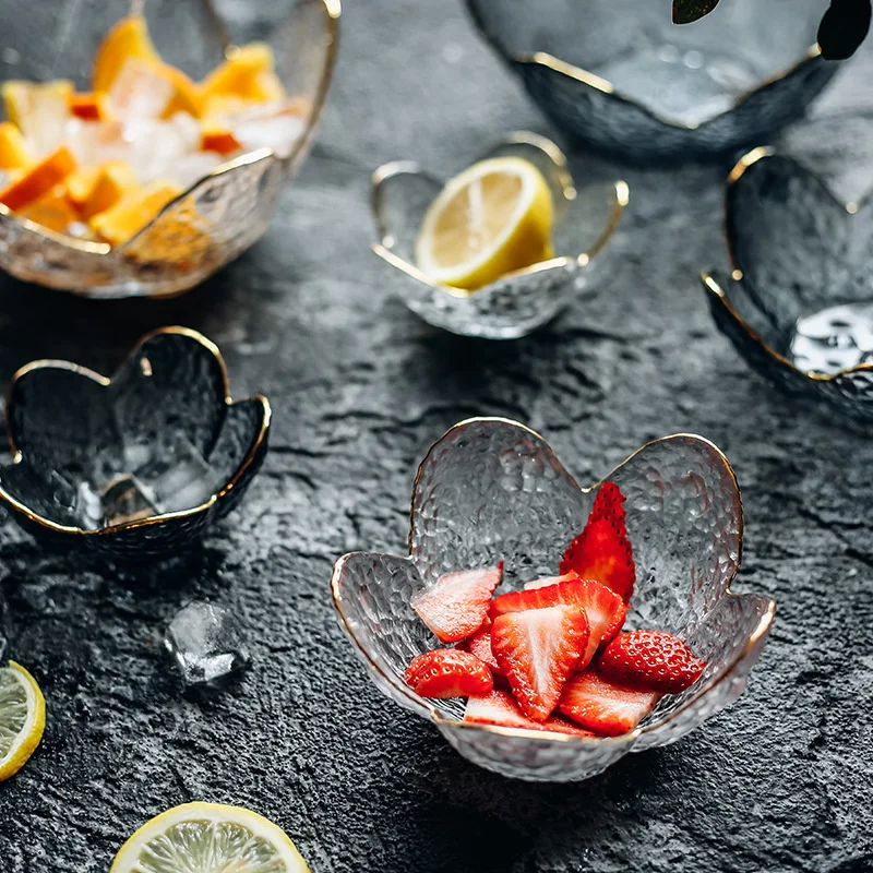 Роскошная стеклянная чаша с цветами Золотая инкрустация прозрачная серая