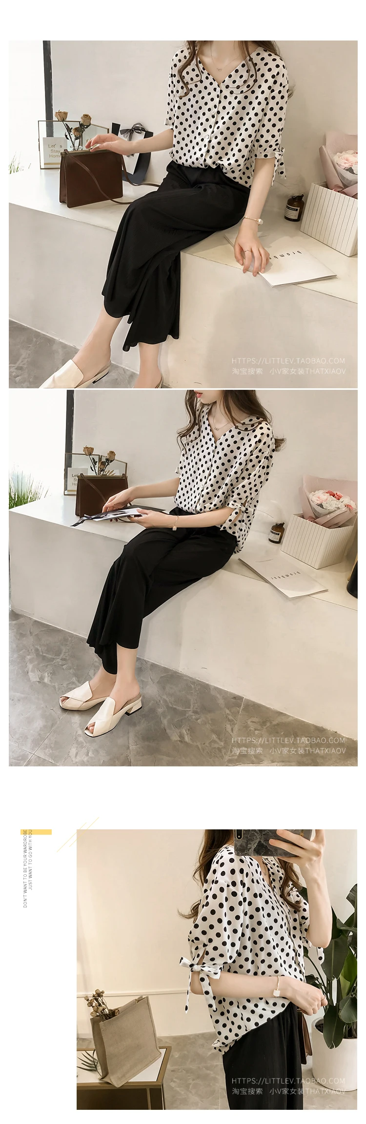 

Women's Blouses Short Sleeve Fashion Top V-neck Woman Shirt Loose Tops New Chiffon Korean Polka Dot Casual Blouse