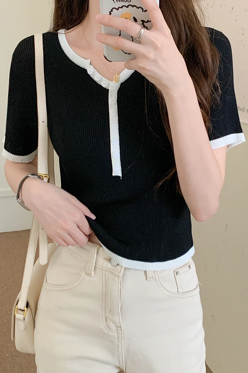 

Knit sweater women 2021 new item summer V-neck ice silk short-sleeved contrast top