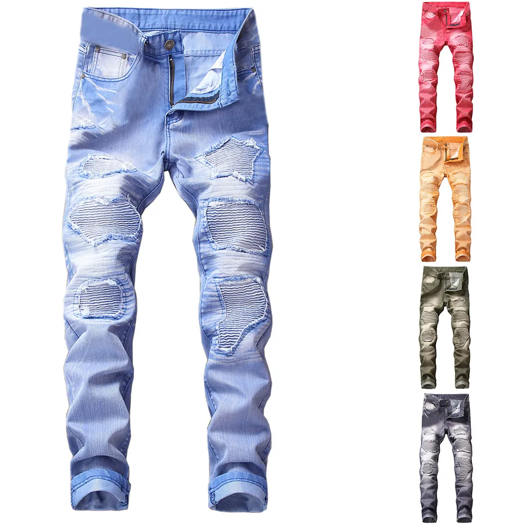 

Vogue Men's Vintage Jeans Broken Straight Locomotive Mid-Waist Solid Color Zipper Men's Jeans Chic Fashion Multicolor