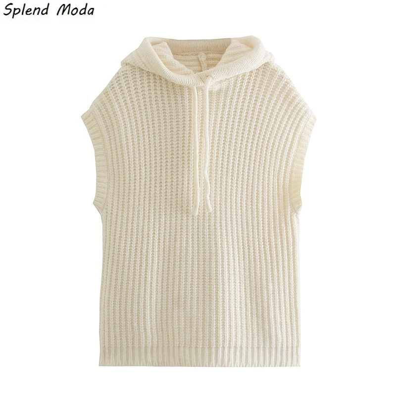 

Модный винтажный городской Повседневный однотонный вязаный жилет Splend с капюшоном, женский свободный свитер без рукавов, пуловер для женщин...