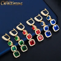 cwwzircons classic yellow gold color square cubic zirconia women long dangling drop earring with blue green red crystal cz208