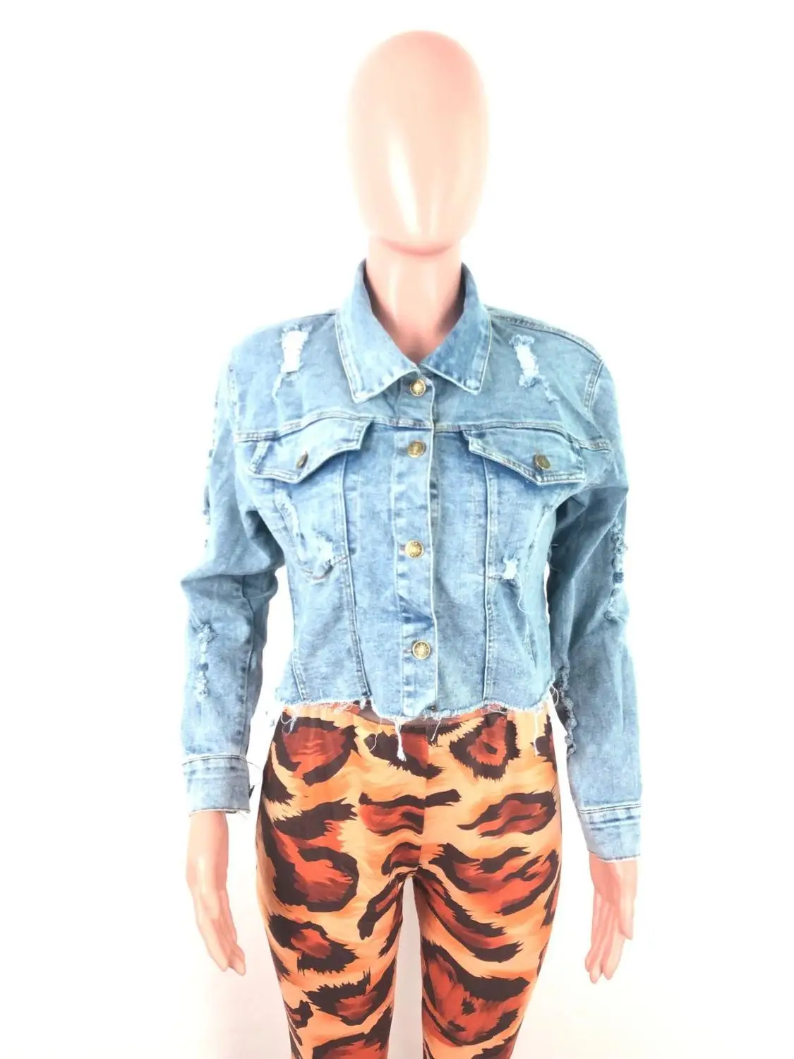 

Light Blue Vintage Denim Women's Jacket 2020 Hot Sale Classic Streetwear Women Turn-down Collar Long Sleeve Frayed Outerwear