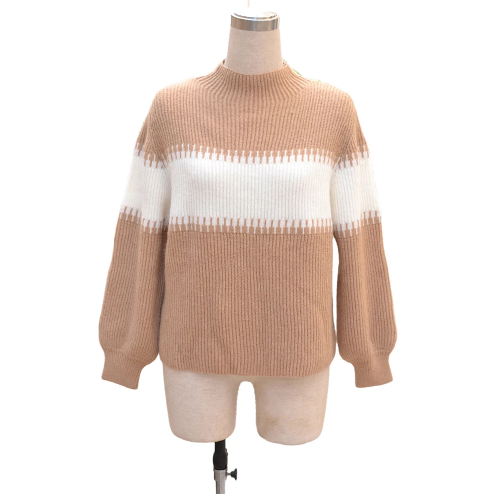 

Women Autumn Turtle Neck Long Puff Sleeve Color Block Pullover Sweater Knitwear Woman Clothes Female Casual Streetwear