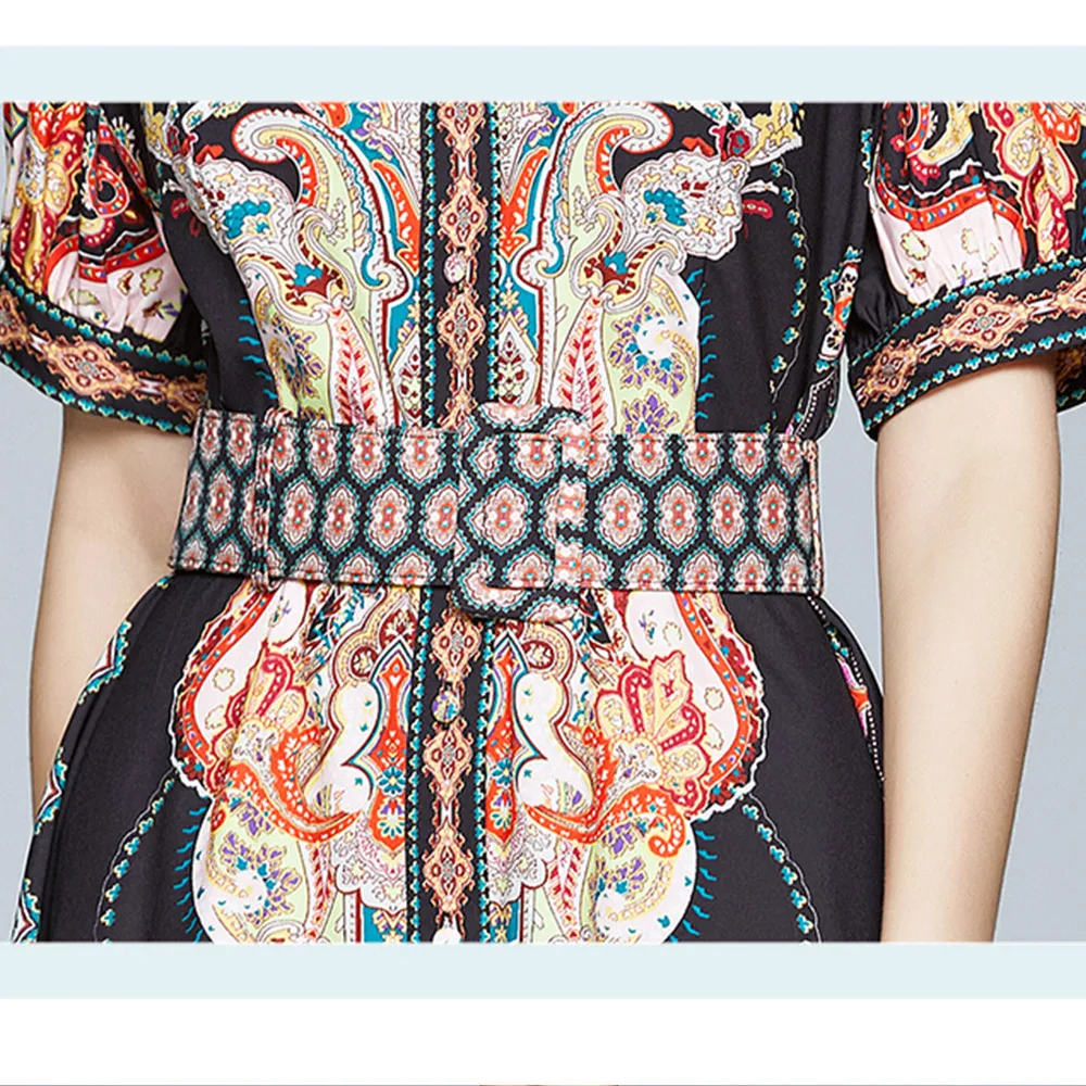 

Merchall 2020 New Summer Vintage Pirnt Runway Mini Dress Female Single Breasted Short Sleeve Floral Belt Elegant Short Dress