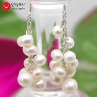 qingmos white pearl earrings for women with round 6mm natural grape white pearl earring dangle earring jewelry silver s925 hook
