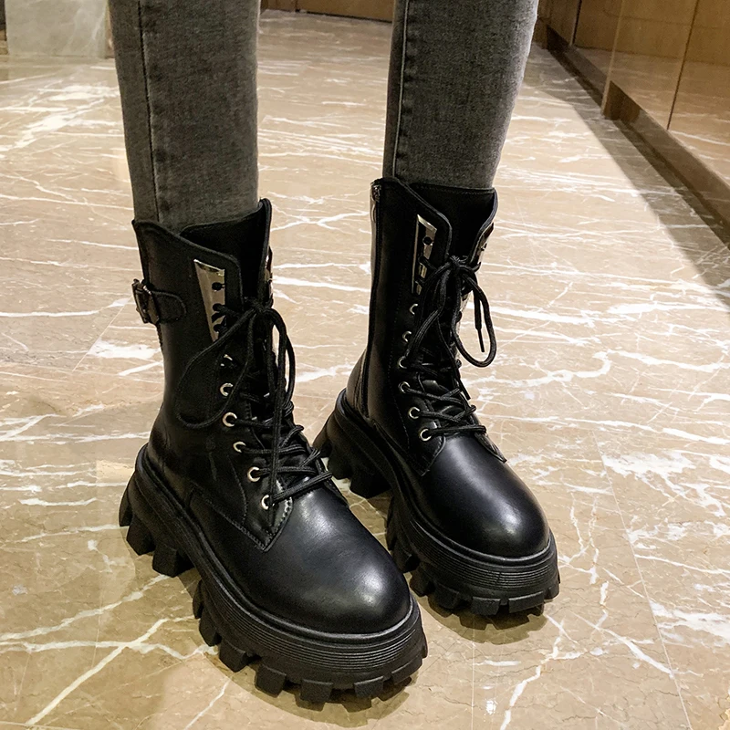 

Round Toe Med Heel Boots Women Shoes Autumn Boots-women Booties Ladies Lace Up Luxury Designer Lolita Black 2020 Rubber Flat