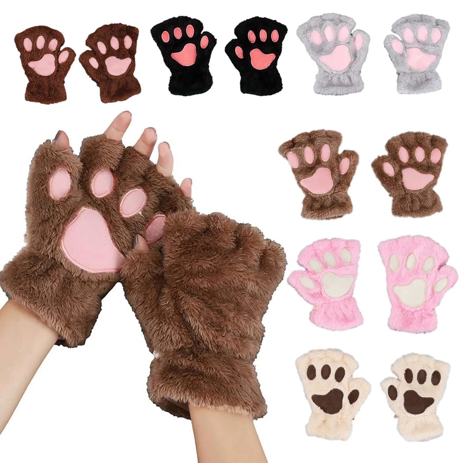 

Cartoon Cat Claw Gloves for Women Girls Thickened Plush Lovely Style Bear Paw Exposed Fingers Half Finger Winter Warm Gloves