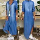 Женское джинсовое платье, пикантное длинное платье макси с отворотами и разрезом, корейское летнее платье, размера плюс, 3XL, 2021