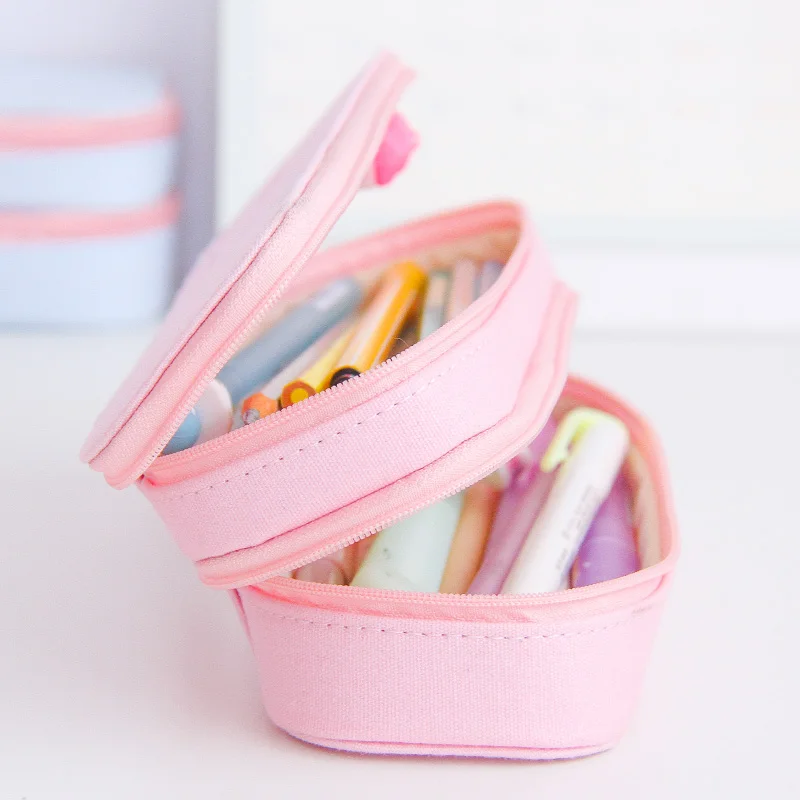 Двойной Слои холст большой Карандаш Чехол розовый школьный пенал для карандашей