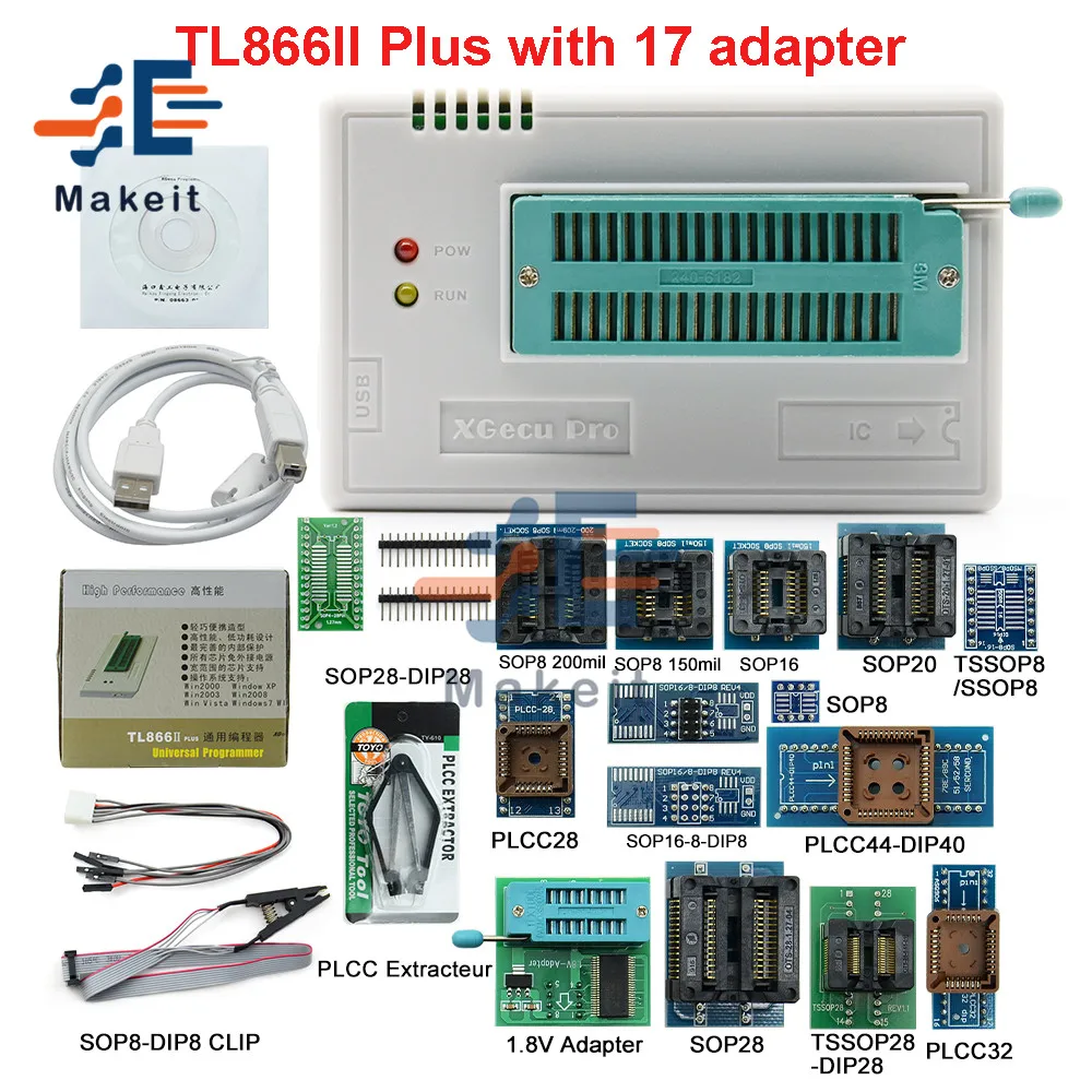 Программатор TL866II Plus Universal Minipro + 7/10/17/28 адаптеров SOP8 IC Clip TL866 PIC Bios высокоскоростной