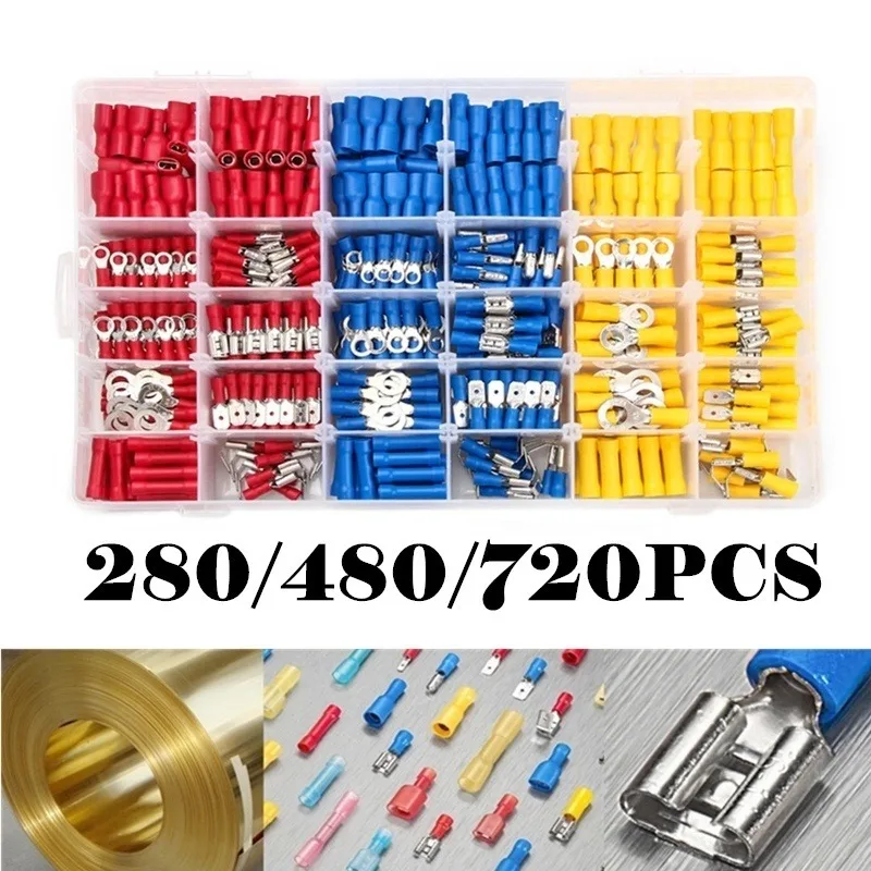 

280/480/720PCS Insulated Cable Connector Electrical Wire Assorted Crimp Spade Butt Ring Fork Set Ring Lugs Rolled Terminals Kit