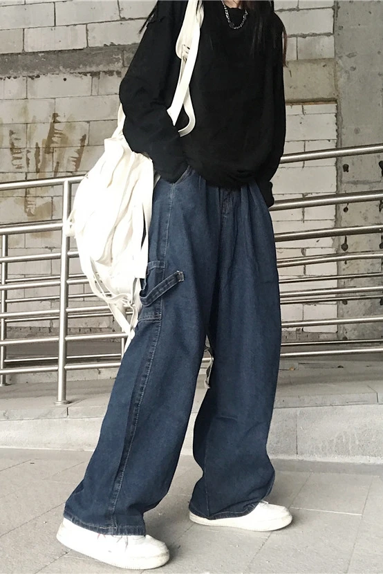 

Purplelano Baggy Jeans Women Denim Blue Boyfriend Jeans Loose Vintage Streetwear Baggy Pants High Waist Pockets Washed Jeans