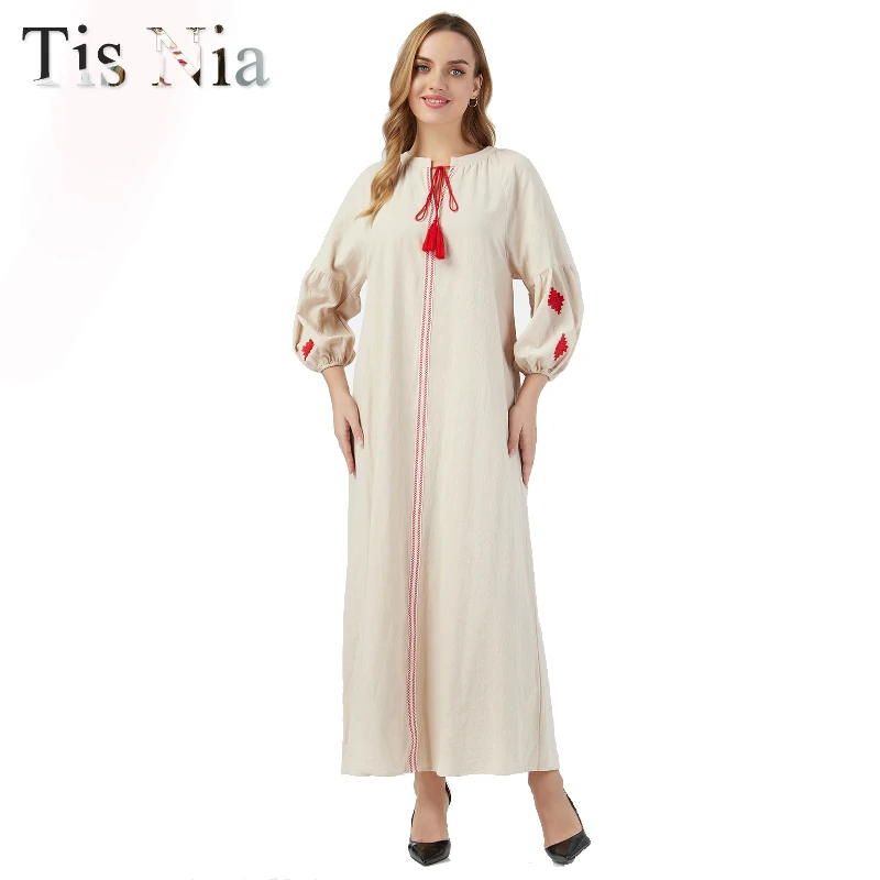 

Ethnic Style Cotton And Linen Embroidered Long Skirt Solid Color Dress 2022 Women's Long-Sleeved Embroidered Summer Casual Loose
