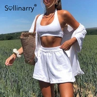 sollinarry two piece casual solid suit female summer pocket white t shirt shorts streetwear buttons pink pajamas sets women