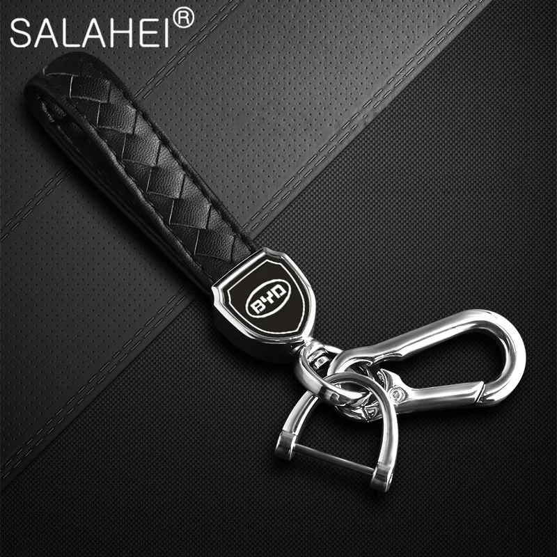 

1PC Leather Metal Car Keychain Shield Shape Double Keychain Key Ring Fashion Gift Goods With Logo For BYD I3 S7 G3 F3 S6 F0 E5
