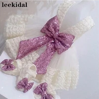 cute whiteivory lace 3d flowers infant baby girls 1 year birthday gown flower girl dresses clothes with sequined bow