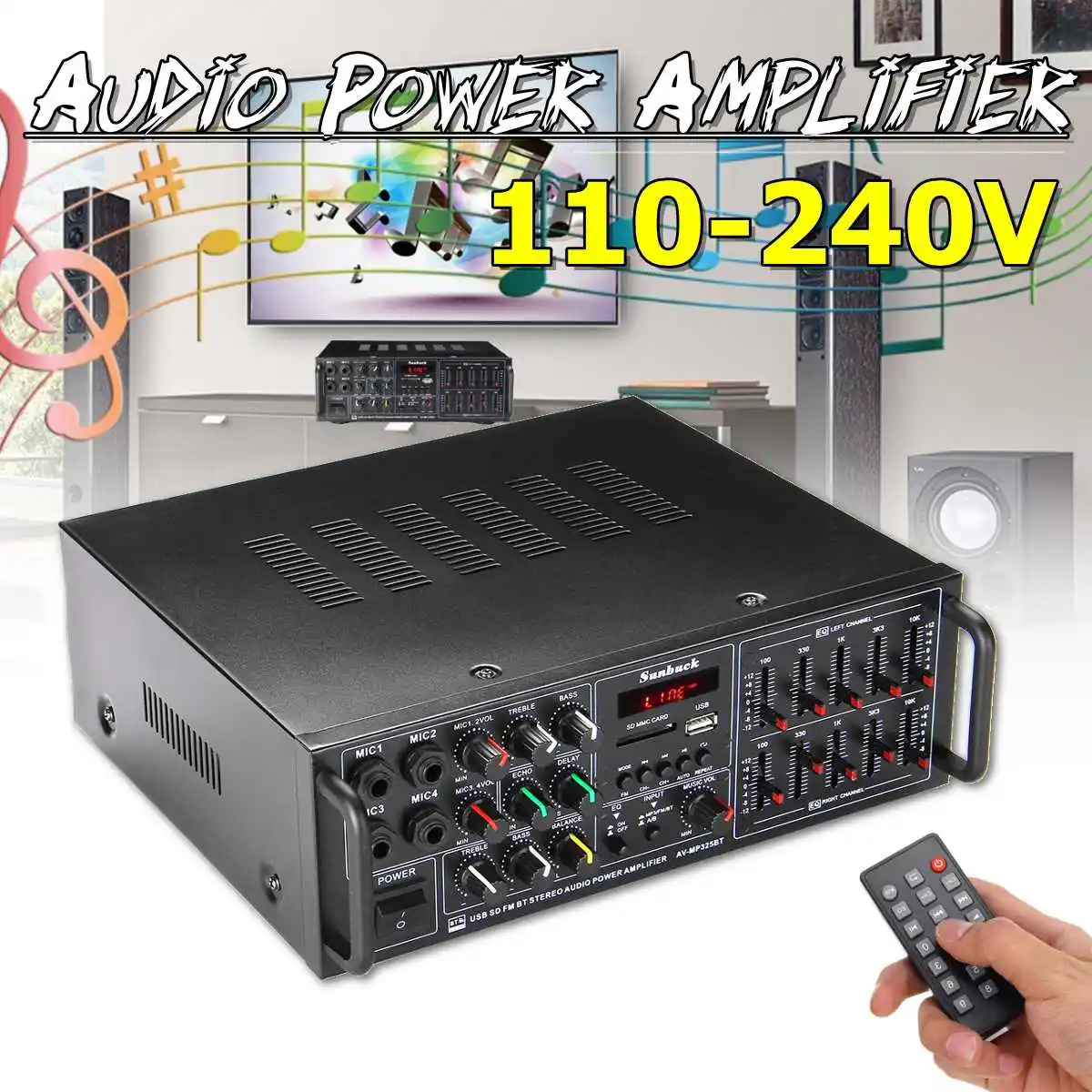 110 В до 220 В 2000 Вт 2,0 канальный аудио усилитель стерео 325BT AV Amp динамик поддержка 4 микрофона реверберации равновесия