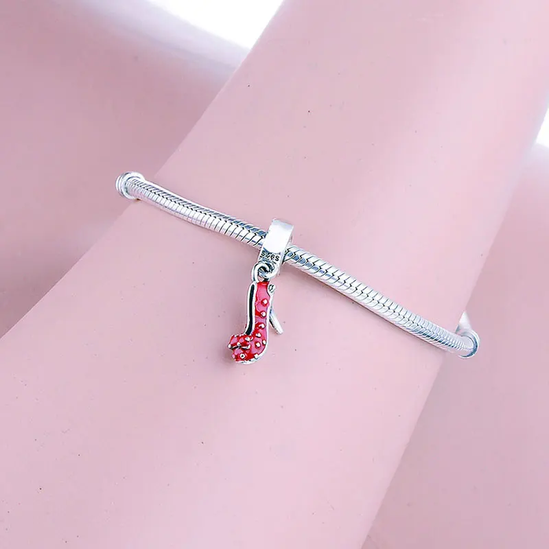

Fit Original Pandora Charm Bracelet 925 Sterling Silver Princess Red Enamel High Heel Shoes Bead For Making Women Berloque 2021