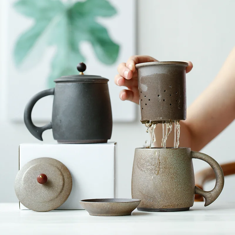 

Кружка из грубой керамики в японском стиле с крышкой и фильтром, Офисная чашка ручной работы, высокотемпературная Личная чашка, чайная круж...