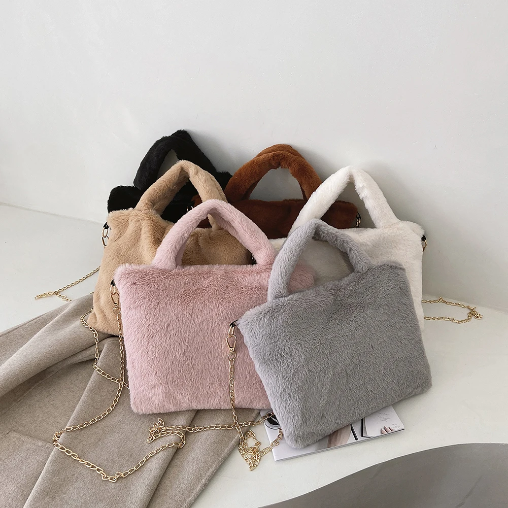 

Women Autumn Winter Soft Plush Shoulder Bag Fashion Solid Color Versatile Purse Faux Fur Street Chic Crossbody Handbags