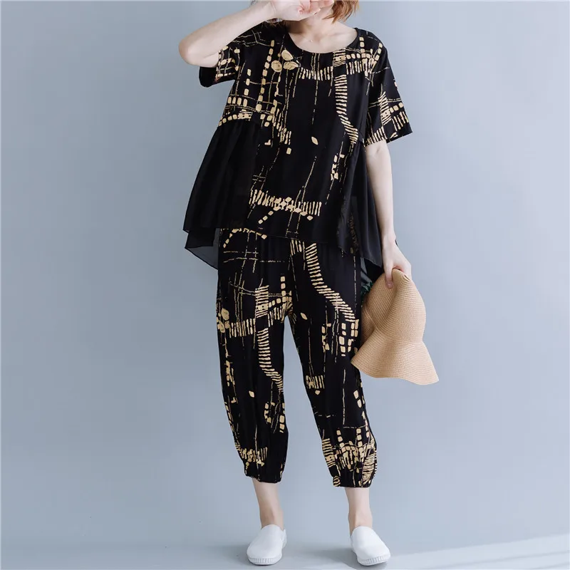 #0828 комбинированный шифоновый ассиметричный Топ И Блузка свободный комплект из