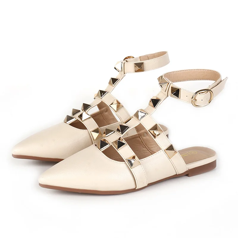 

Female Shoes Slippers Flat Pointed Toe Low Slides Rivet Big Size 2021 Summer Cover Fabric Rubber Scandals Hoof Heels PU Shoes La