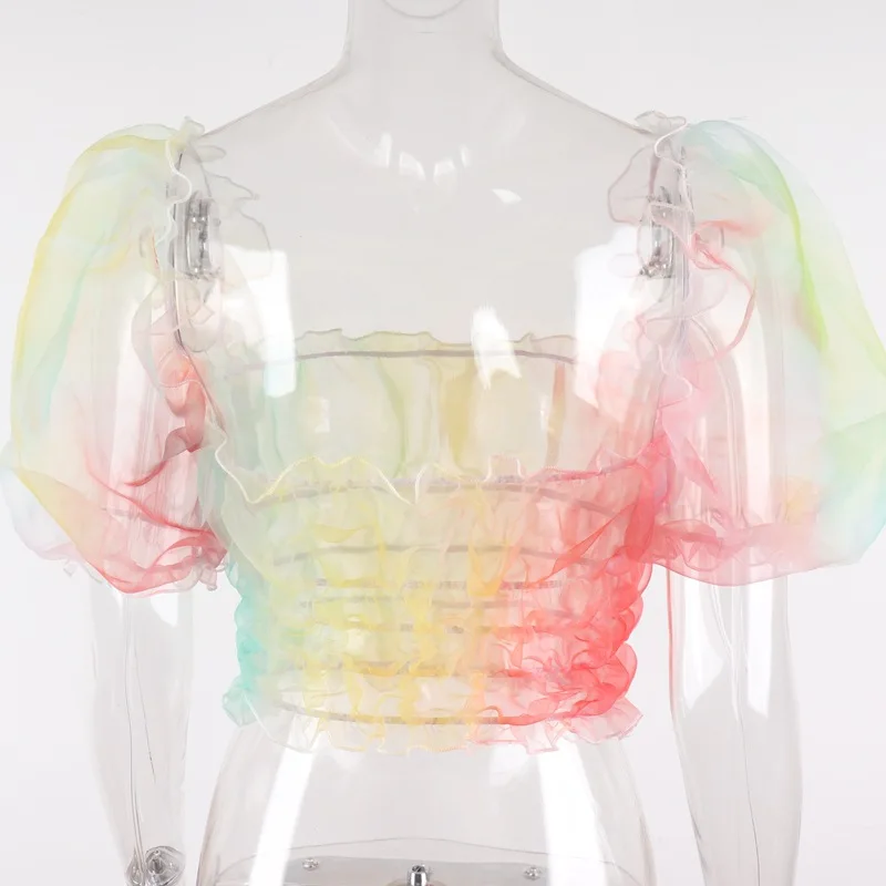 

Summer Mesh rainbow Squre Collar puff sleeve short sleeve T-shirt women