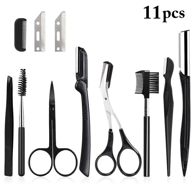 11PCS Women Eyebrow Kit Portable Stainless Steel Eyebrow Trimming Remover Kit Eyebrow Care Kit Stainless Steel Cutting Tool