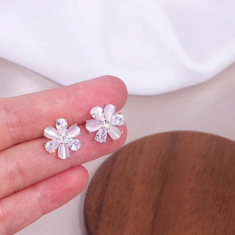 2020 New Elegant Cubic Zircon Crystal Stud Earrings for Women Girls Sweet Opal Flower Earring Korean Fashion Party Jewelry | Украшения и