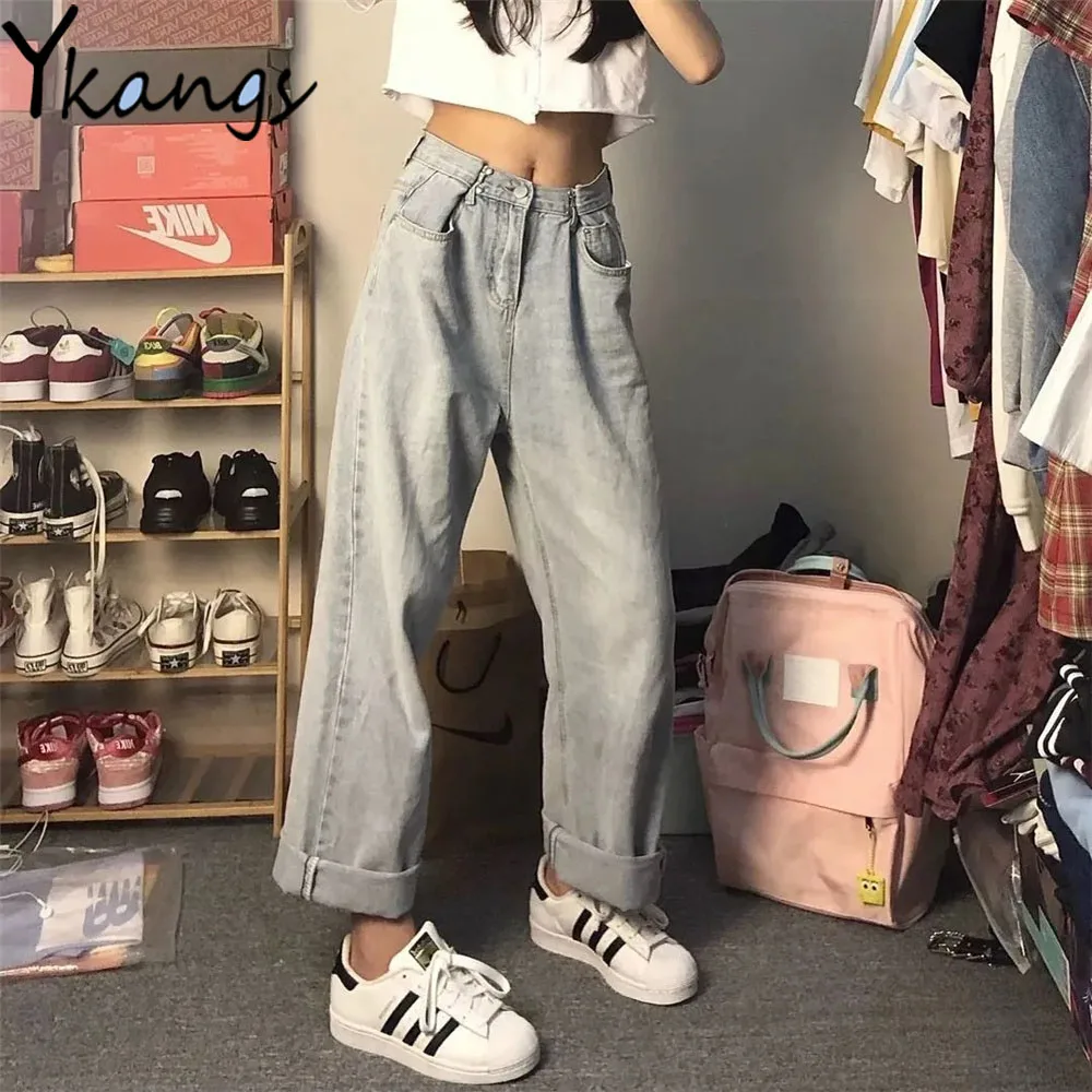 

Adjustable Button High Waist Wide-Leg Jeans Korean Fashion Streetwear Women Straight Pants Loose Wild Vintage Casual Trousers